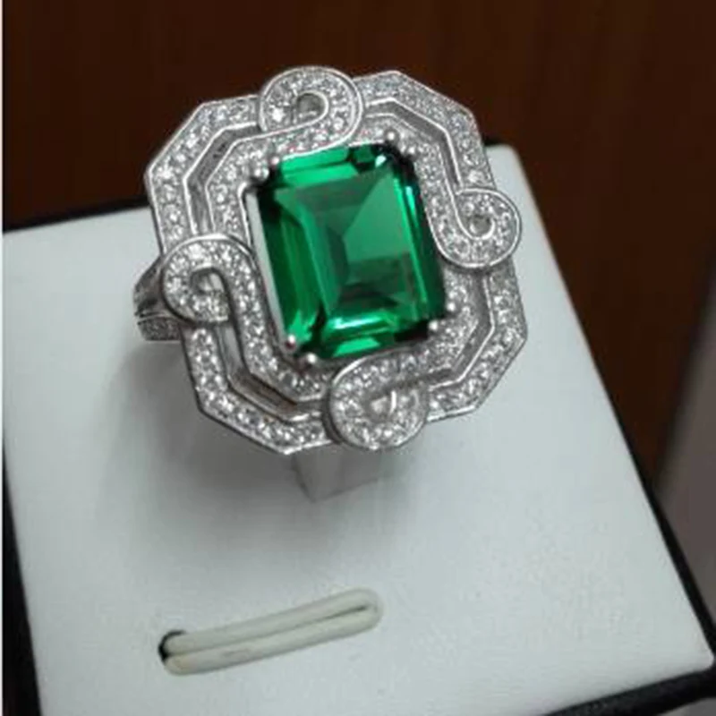 Qi Xuan_Fashion Jewelry_Luxury прямоугольные CZ зеленые камни Rings_S925 Твердые серебряные Rings_Factory