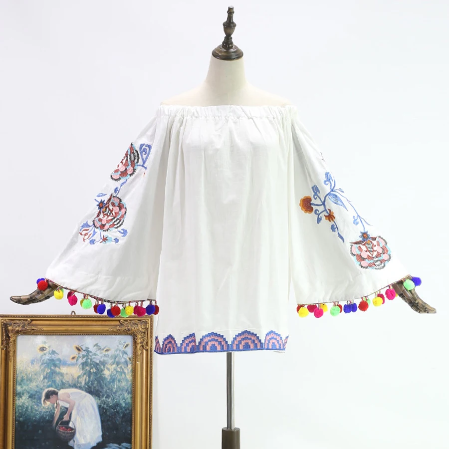 TEELYNN Boho white blouse for women floral Embroidery sexy off shoulder summer flare long sleeve blouses blusas |