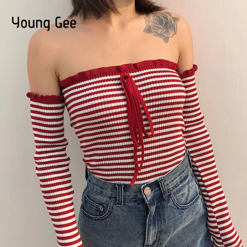 

Женский свитер с длинным рукавом Young Gee, вязаный пуловер в полоску, осень 2018