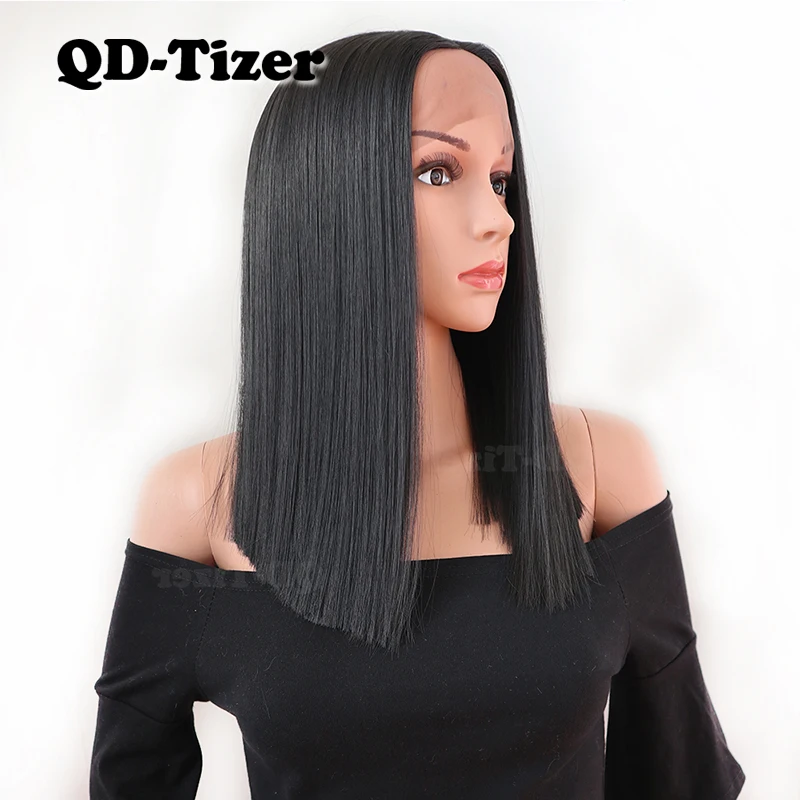 QD-Tizer короткий Боб кружевные передние парики Черный цвет термостойкие синтетические кружевные передние парики бесклеевые парики для женщин