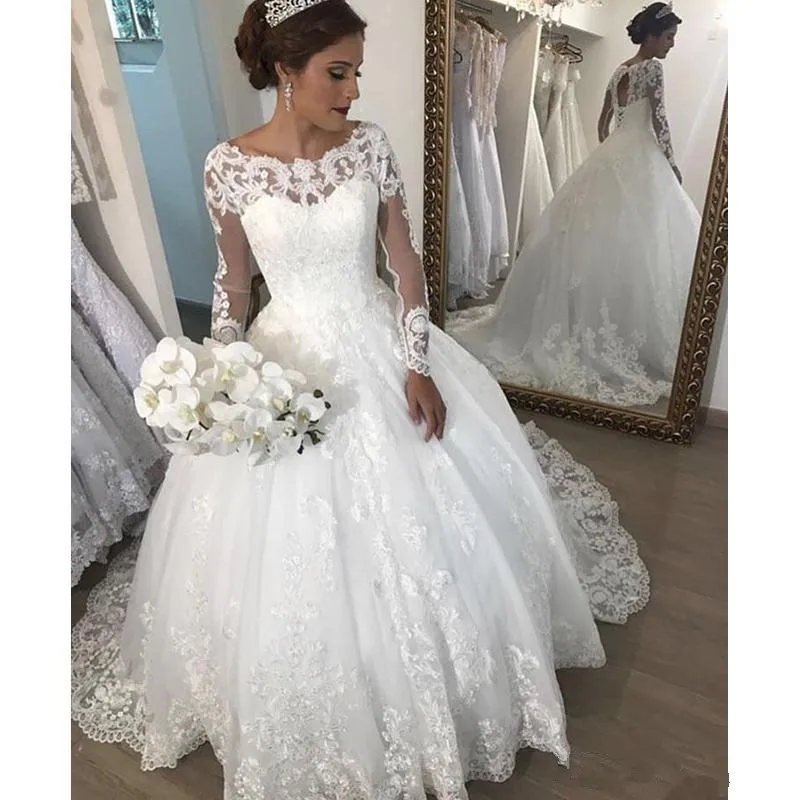 

Классическое Белое Бальное Платье, Свадебные Платья с глубоким круглым декольте, свадебное платье с длинным рукавом, свадебное платье со шл...