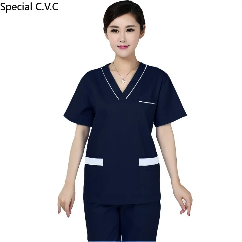 

Women Scrub Tops Color Blocking Design Nursing Uniforms Cotton V-Neck Medical Workwear Short Sleeve Spa Uniform (Just A Top)