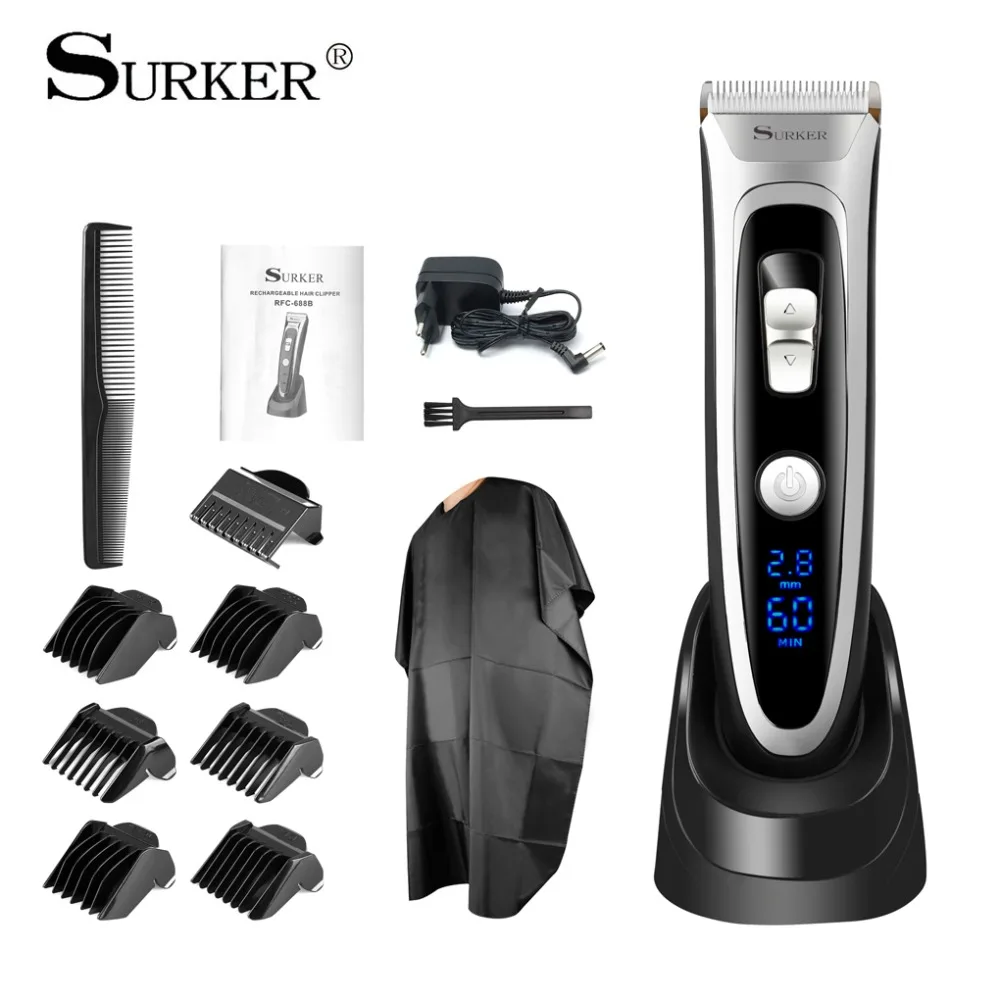 SURKER RFC-688B профессиональная перезаряжаемая Беспроводная Машинка для стрижки волос триммер для волос с светодиодный дисплей набор для стрижки волос керамическое лезвие бритья