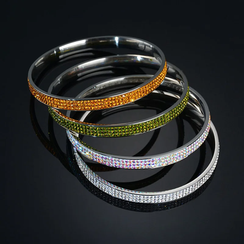 Atoztide Women Fashion 12 Birthstones 3 Rows Line Crystal Bangles Stainless Steel Round Silver Color Colorful Shine Bracelets | Украшения и