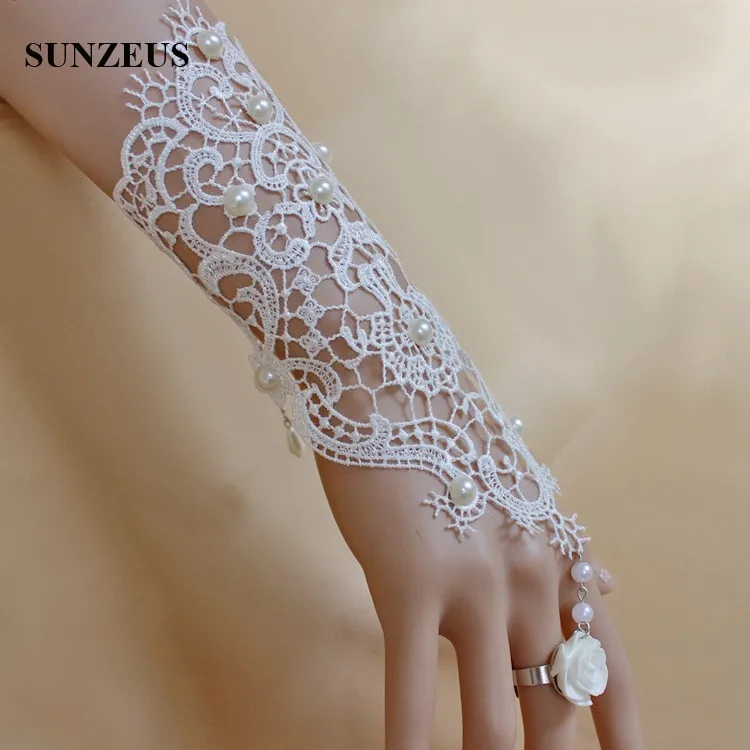 Короткие Свадебные перчатки без пальцев кружево с бусинами свадебные жемчугом
