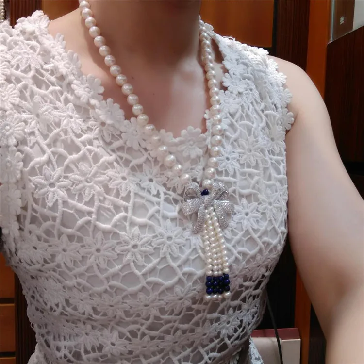 Hand knotted natural 8-9mm white freshwater pearls Lapis lazuli bowknot accessories long necklace sweater chain fashion jewelry | Украшения