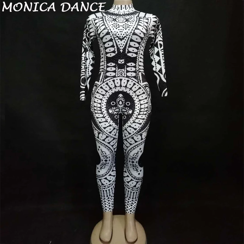 Nightclub Stage Costume for Singer Sparkling Crystals Bodysuit 3D Printing White Flower Nightclub Party Stage Wear Costumes