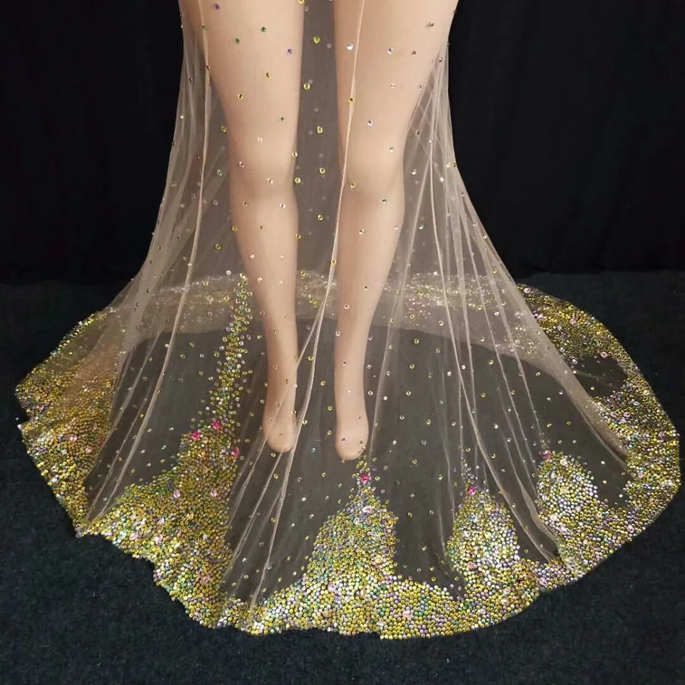 

Multi-color Crystals Respective Long Train Dress Super luxurious Big Rhinestones Dress Evening Costume Wedding Celebrate Dress