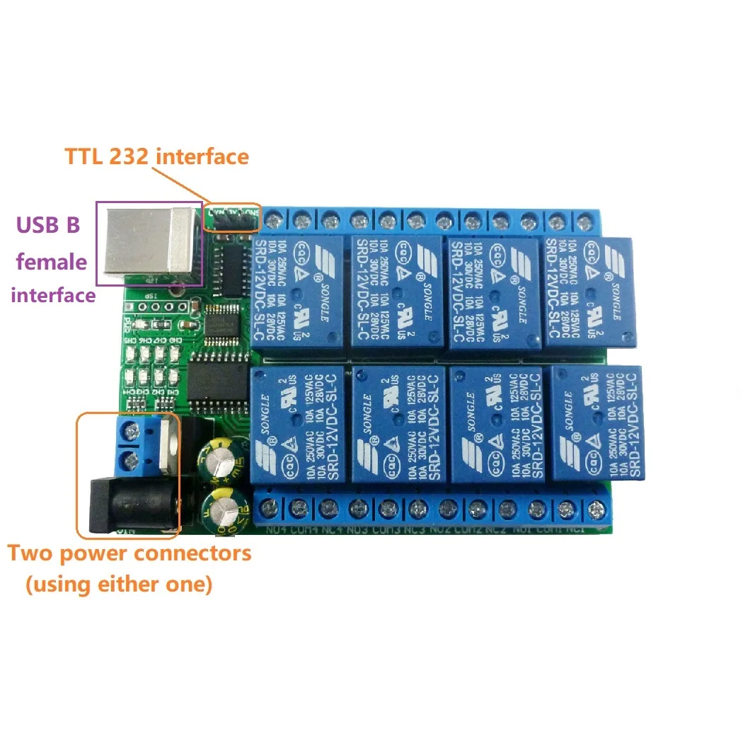 Модуль реле последовательного порта USB 2 в 1 5 В 12 24 постоянного тока 8 каналов плата