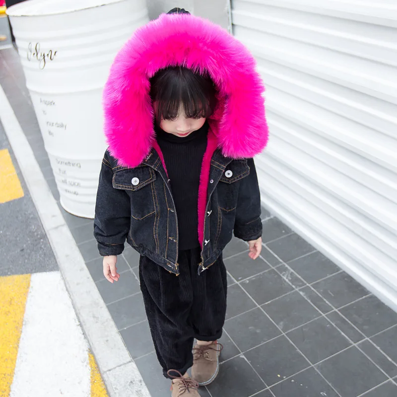 Fashion Girl Winter Jacket Denim Fur Hooded Jackets for Baby Girl's Thick Coat Warm Outerwear Kids Coats Jeans | Детская одежда и