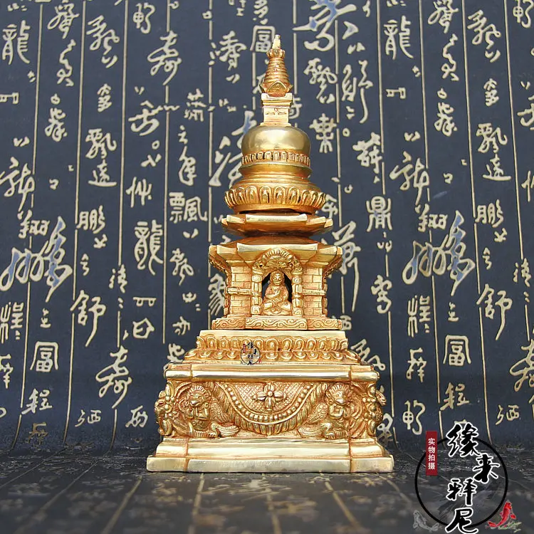 

Boutique Nepal hand-made engraved copper all gold carved stupa tower