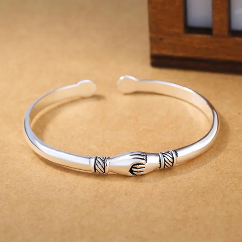 

New Retro Female Silver Plated Jewelry Bracelets Opening Handshake Creative Friendship Bangles SL004