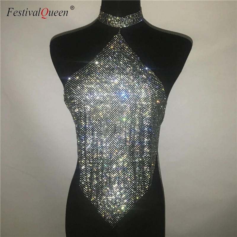 FestivalQueen Блестящий короткий топ с бретелькой через шею, стразы, женские вечерние топы с открытой спиной, летняя сексуальная майка с бриллиантами и блестками для женщин