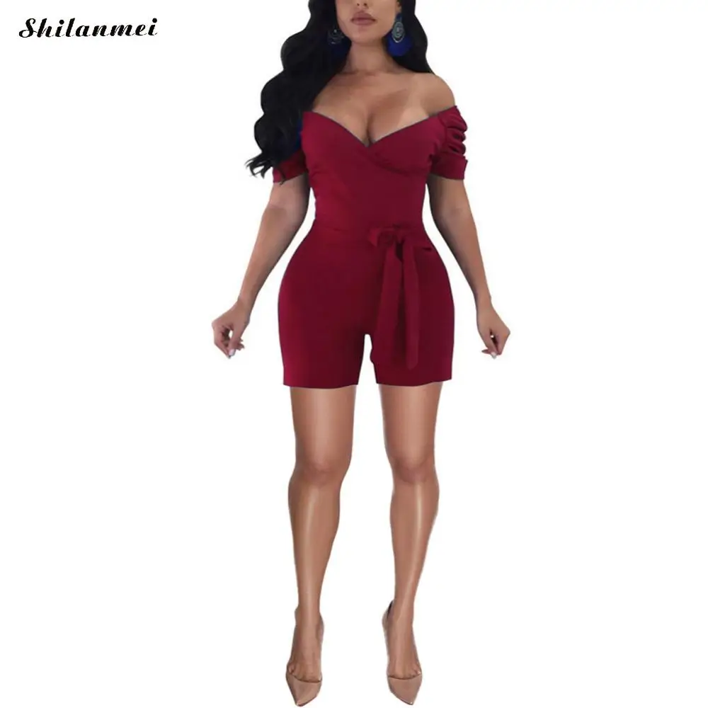 

2019 Rompers Women Casual Playsuit Fashion Front Bow Belt Off Shoulder Jumpsuit Sexy Party Club Bodycon Rompers Womens Jumpsuit