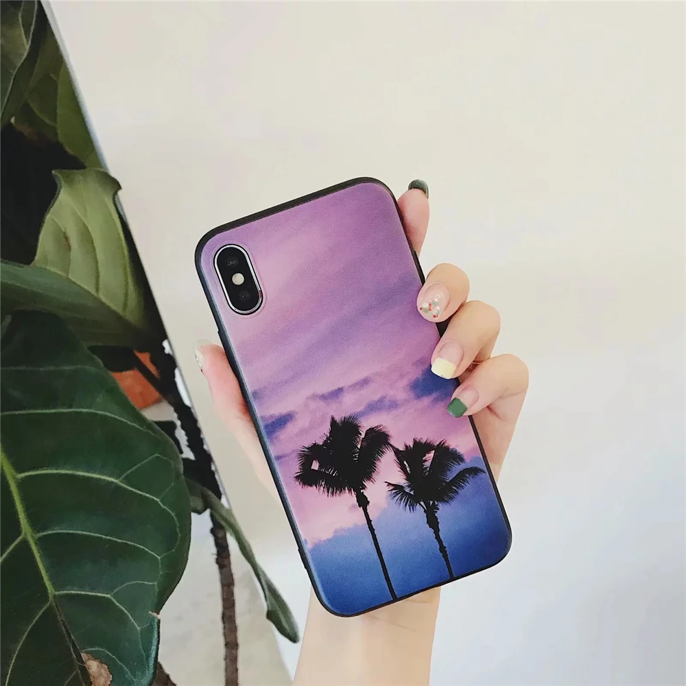 Красивый закат Фиолетовый облака чехол для iPhone 7 кокосовых пальм картина Soft