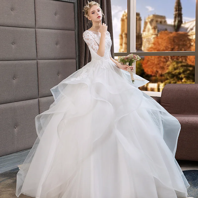 

Wedding Dress 2019 New Bride White O-neck Half-sleeve Lace Flower Tulle Wedding Dress Sweet Elegent Wedding Dress