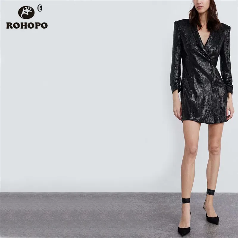 ROHOPO Black Polk Dot Sequined Straight Mini Dress Lantern Long Sleeve Autumn Notched Collar Vintage Tunic Dresses #HY8659 | Женская