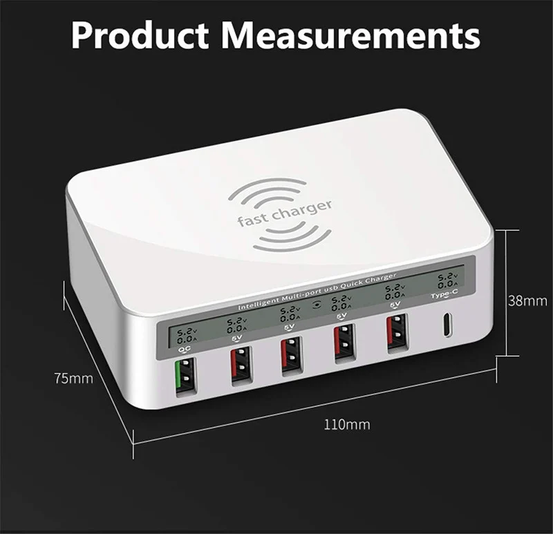 Беспроводной Зарядное устройство& 5-Порты и разъёмы USB Зарядное устройство, 2 в 1 быстрозарядная станция QC 3,0 ЖК-дисплей Дисплей с Тип-C для iPhone, iPad