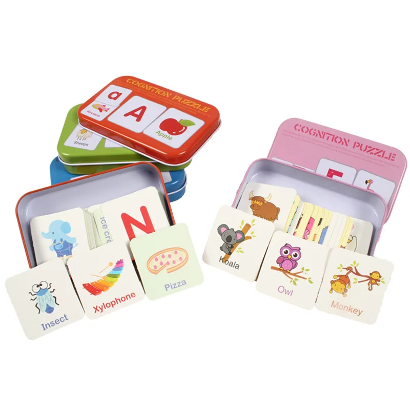 

Digital/Letter/Shape/Animals English Word Flash Cards Iron Box Paper Alphabet Matching Montessori Educational Puzzle kids toys