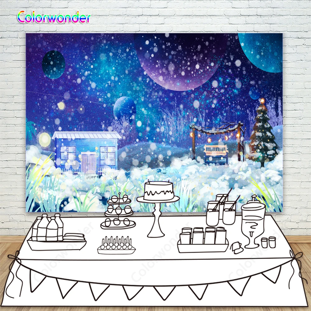 Зимний фон для фотосъемки Снежный дом Bokeh Woodland Planets Рождественский фотостудии