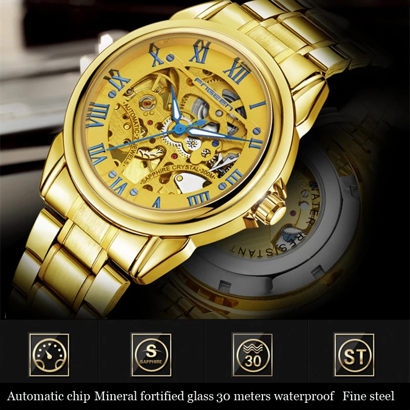 FNGEEN Brand Top Golden Luxury Men Watch Automatic Mechanical Watches Skeleton Self Wind Gold Men's Wristwatch Hollow Out Dial | Наручные