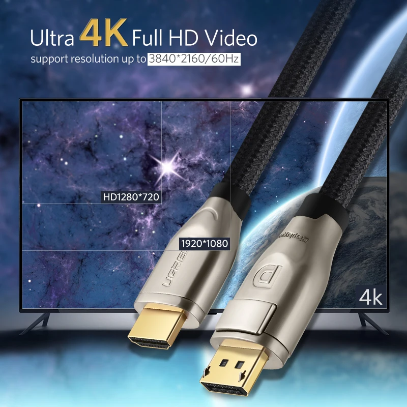 Ugreen Displayport to HDMI совместимый кабель 4K 60Hz DP HDMII адаптер 2 0 для проектора GTX 1060