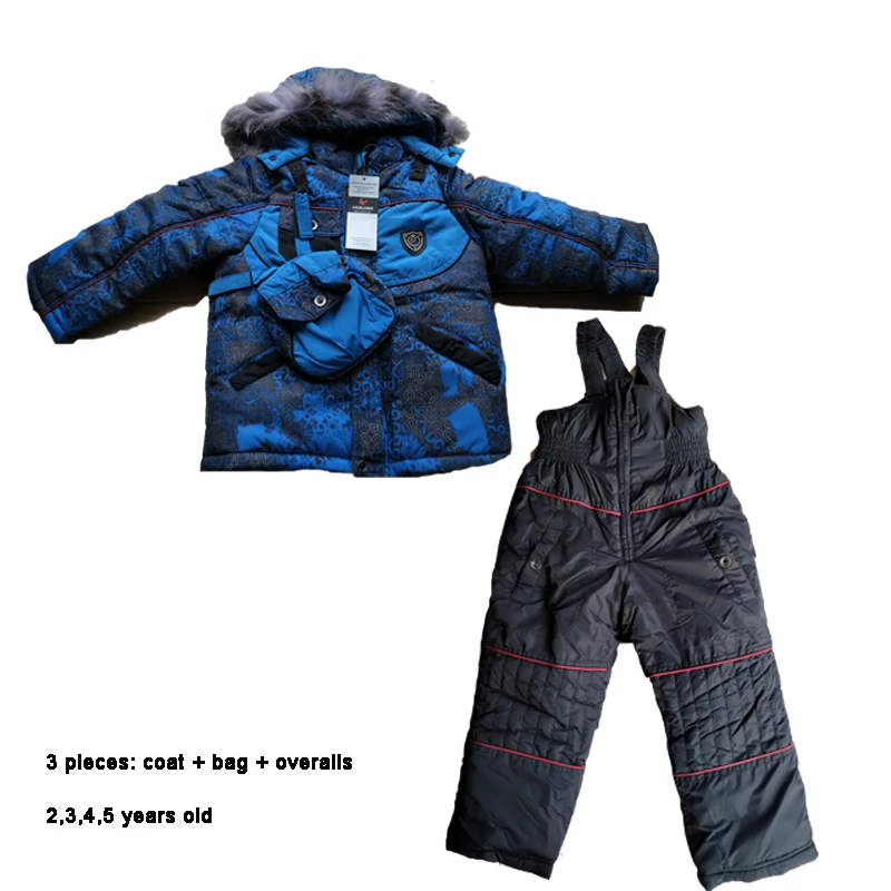 

Snowsuit Baby 3 pieces Boys Winter Jackets Overalls Fleece Fur Hooded Waterproof Children Ski Suit 2 3 4 5 year Kids Ski Clothes