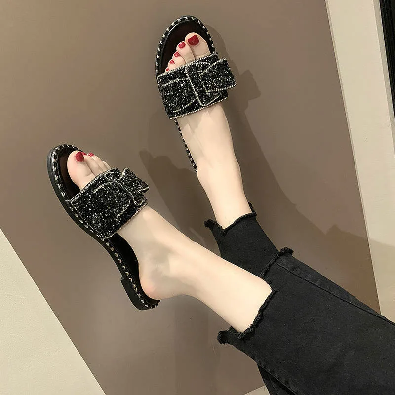 2019 г. Корейская версия Модные женские сандалии на плоской подошве со стразами и