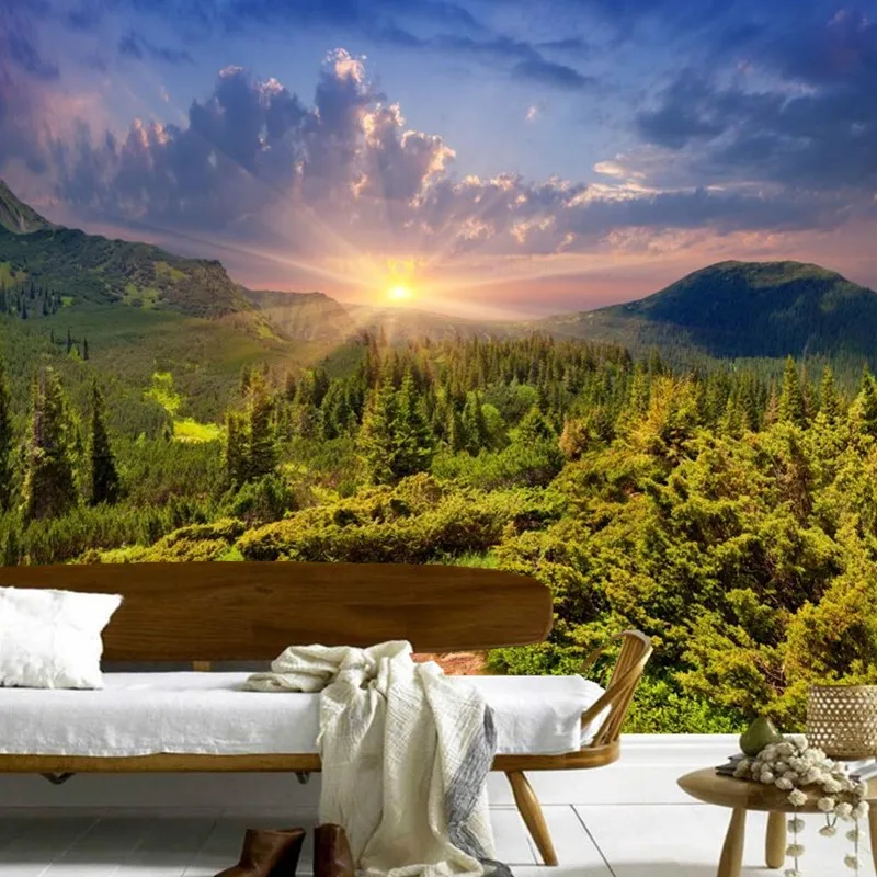 

Custom 3D mountains Sunrises and sunsets Forest Trees Rays of light Nature papel de parede,living room TV wall bedroom wallpaper