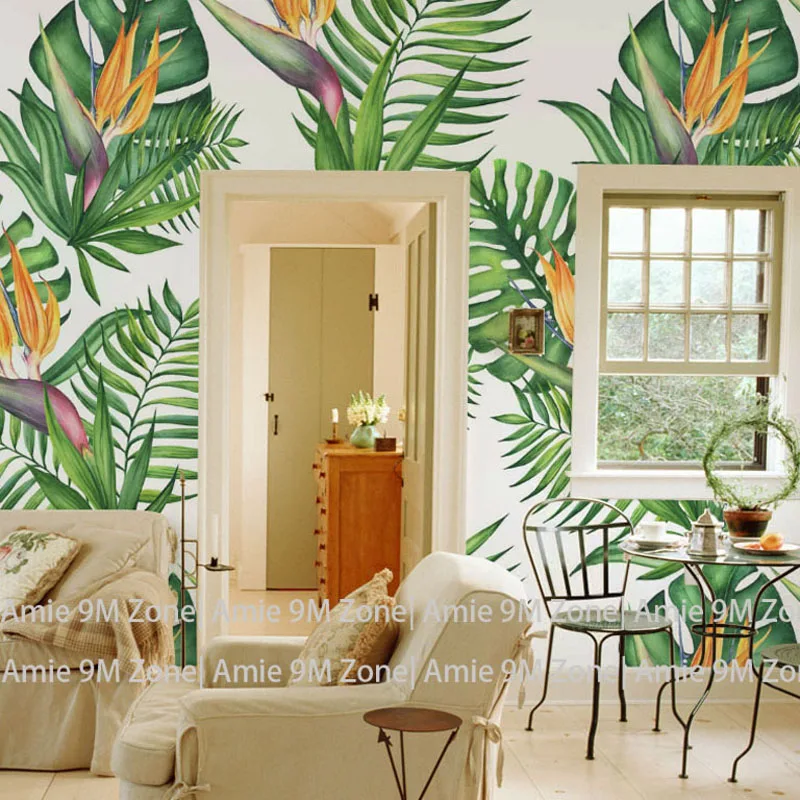 

Tuya Art wholesale green leaf and birds of paradise floral mural wallpaper for living room wall decor free shipping discount