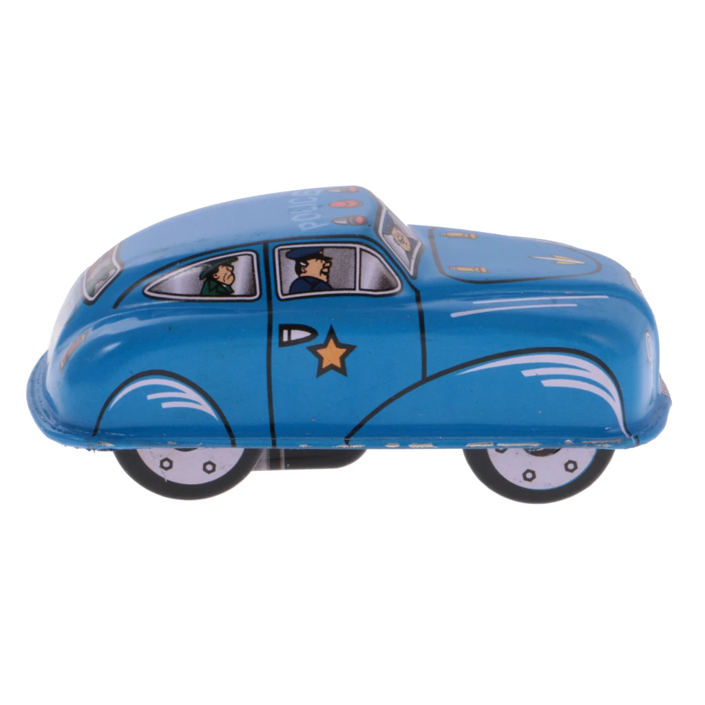 Blue Classic Police Car Tin Toy Collectible Clockwork Wind Up Toys for Kids