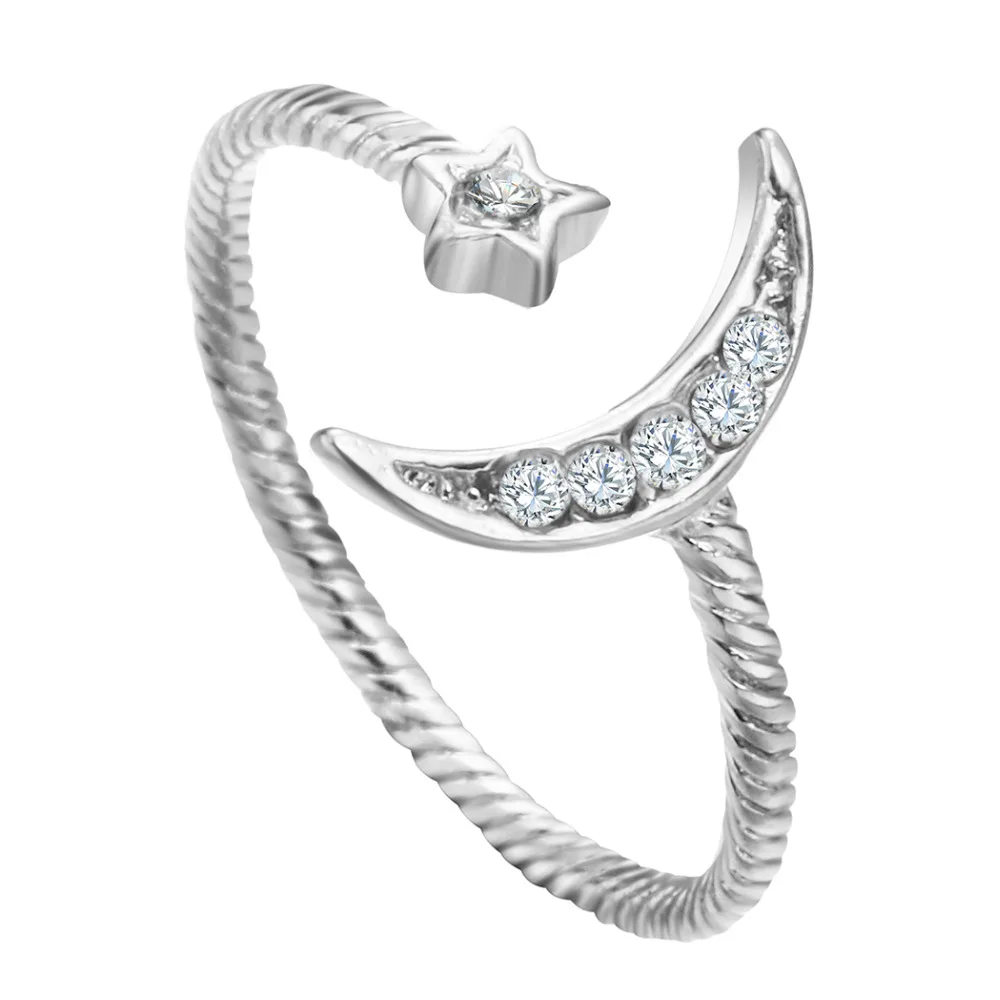 Kinitial Wholesale Crescent Moon and Star Ring Moonstone Sailor Women Wedding Open Austrian Crystal Jewelry | Украшения и