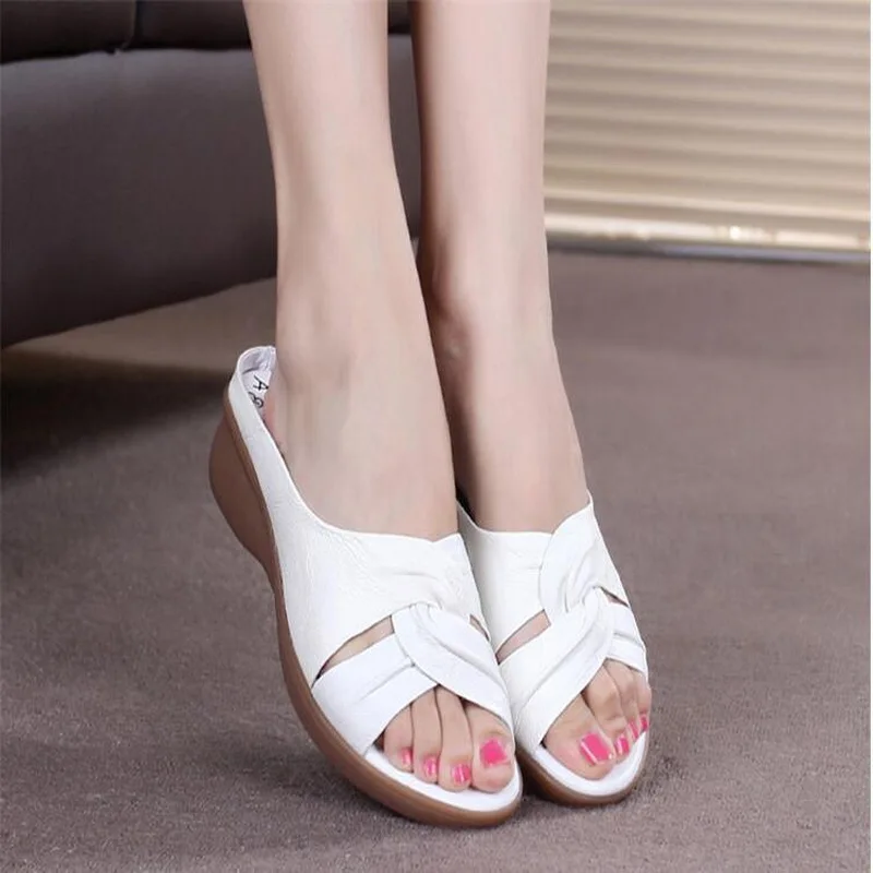 Women Genuine Leather Shoes Casual Summer Shoes Women Flip Flops Slip-On Med Heel Wedges Slides Sandals Plus Size 35-42