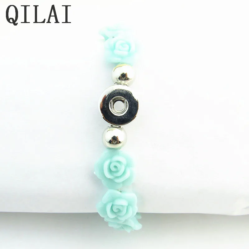 Hot selling handmade elastic bracelet 12mm sky blue resin flower snap button bracelets fit gift for girls jewelry | Украшения и
