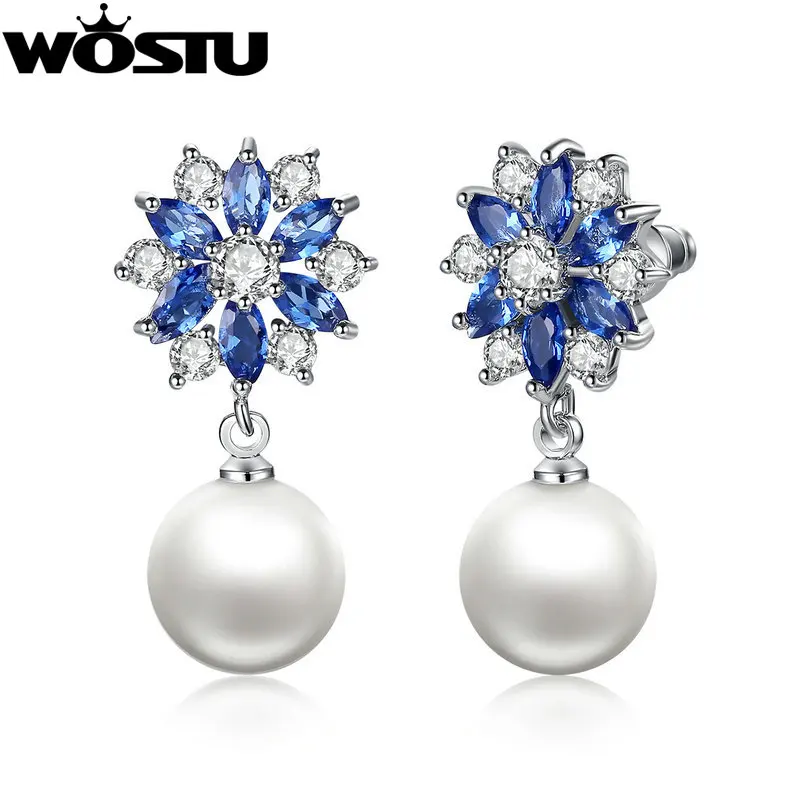 

Wholesale Luxury Silver Color Drop Earrings With Sparkling Blue AAA CZ & Imitation Pearl Jewelry For Women Girl GIFT XCLE069