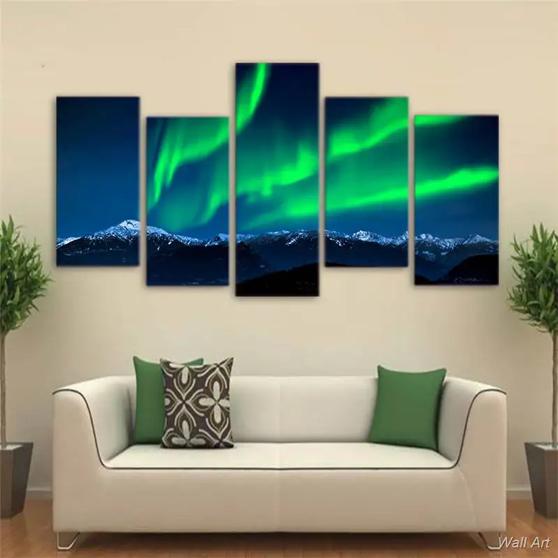 Hd с 5 шт. холсте Зеленый Aurora живопись Большой пейзаж в рамке настенные картины для