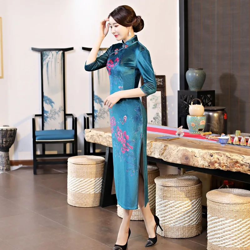 2018 Стильное женское велюровое платье Cheongsam весеннее длинное в китайском стиле с