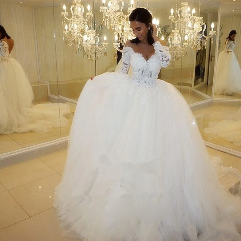 

Luxury Arabic 2021 Ball Gown Wedding Dresses Tulle O-Neck Long Sleeves Court Train Bride Gowns Vestidos De Noiva Princesa