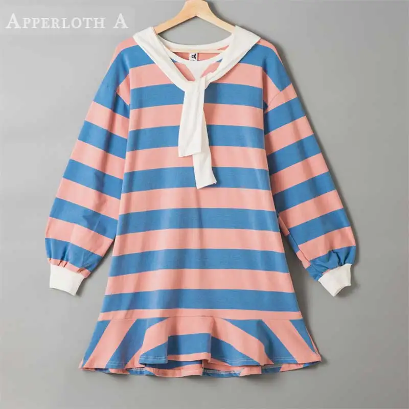 Женское платье с капюшоном Повседневное пуловер в полоску большого размера
