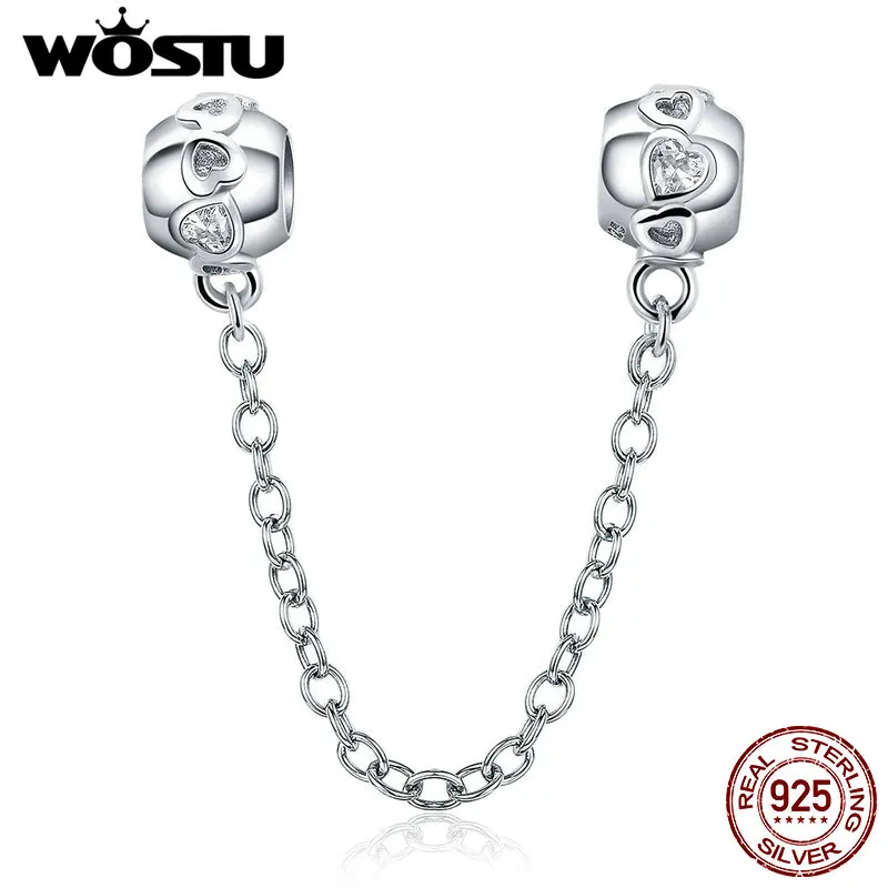 WOSTU 100% Стерлинговое Серебро 925 пробы De-lovely Heart Safety Chain Charm fit Beads Bracelet Necklace DIY Jewelry Making