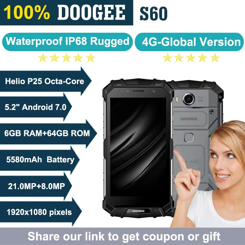 DOOGEE S60 IP68 водонепроницаемый смартфон 6 ГБ + 64 5 2 &quotHelio P25 Восьмиядерный Android 7 0 5580 мАч