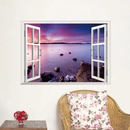 3D окна морской пляж вид пейзаж художественные виниловые наклейки на стены