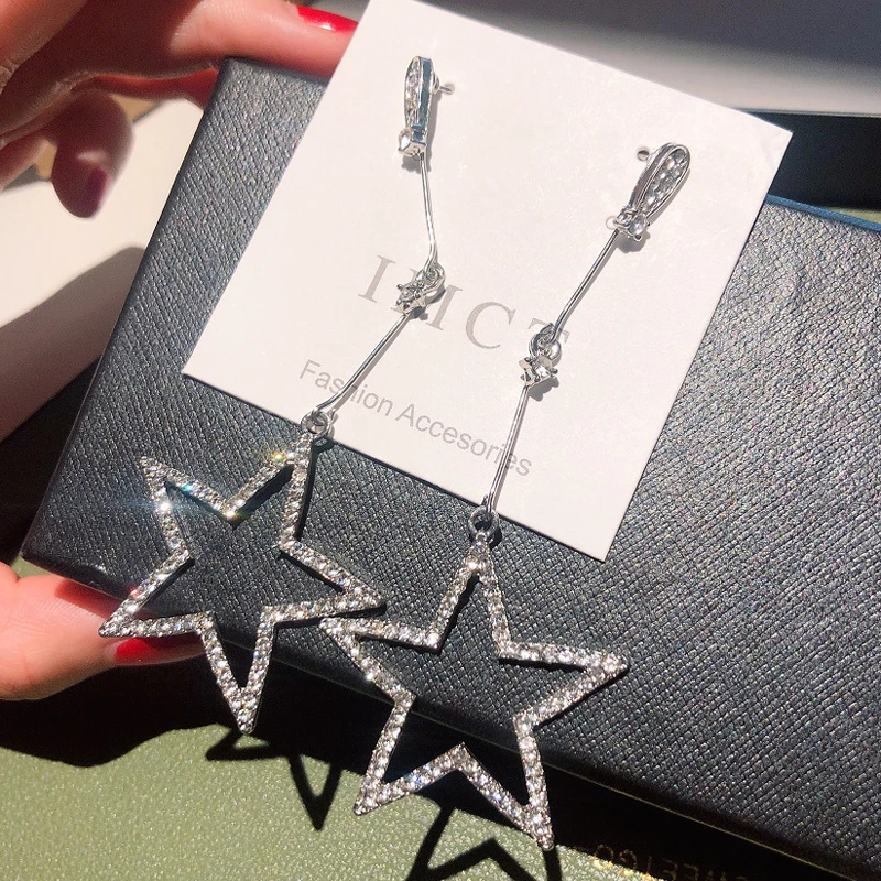 Trendy Korean Style Alloy Pentagram Crystal Drop Earrings For Women Statement Long Dangle Earings Fashion Jewelry | Украшения и