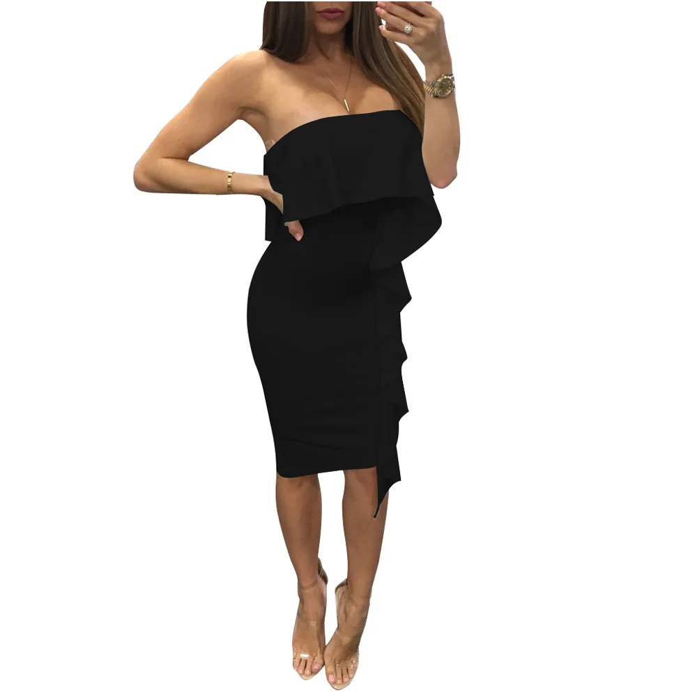 Белый без бретелек оборками Chic Bodycon платье Новая Для женщин рукавов с открытыми