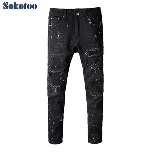 Мужские байкерские джинсы Sokotoo со складками рваные окрашенные зауженные джинсы стрейчевые брюки для мотоцикла