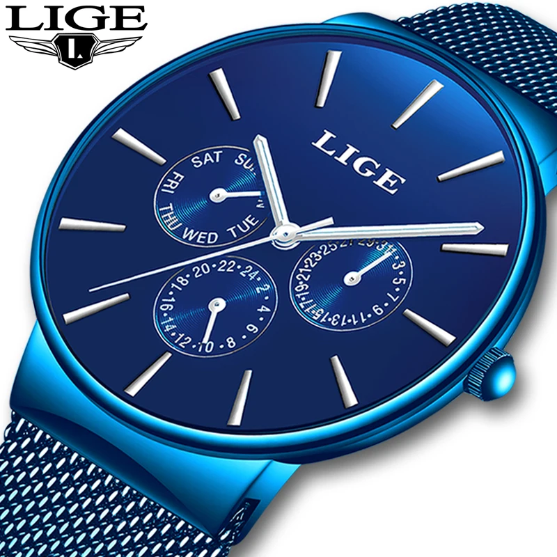 LIGE мужские часы Топ бренд класса люкс повседневные спортивные тонкая сетка сталь