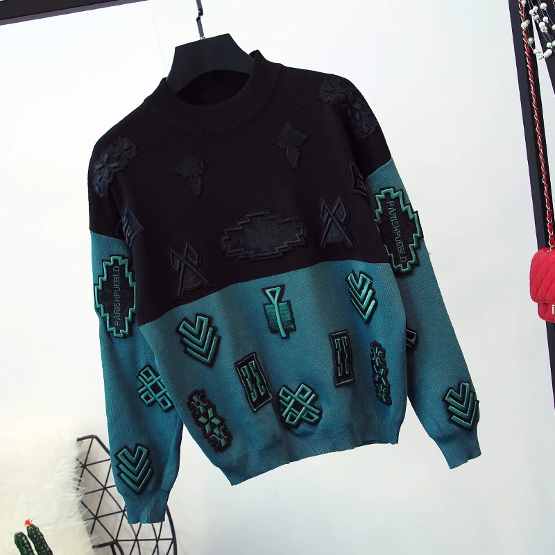 Fashion applique embroidery color matching knit suit women's spring and autumn new temperament leisure two-piece