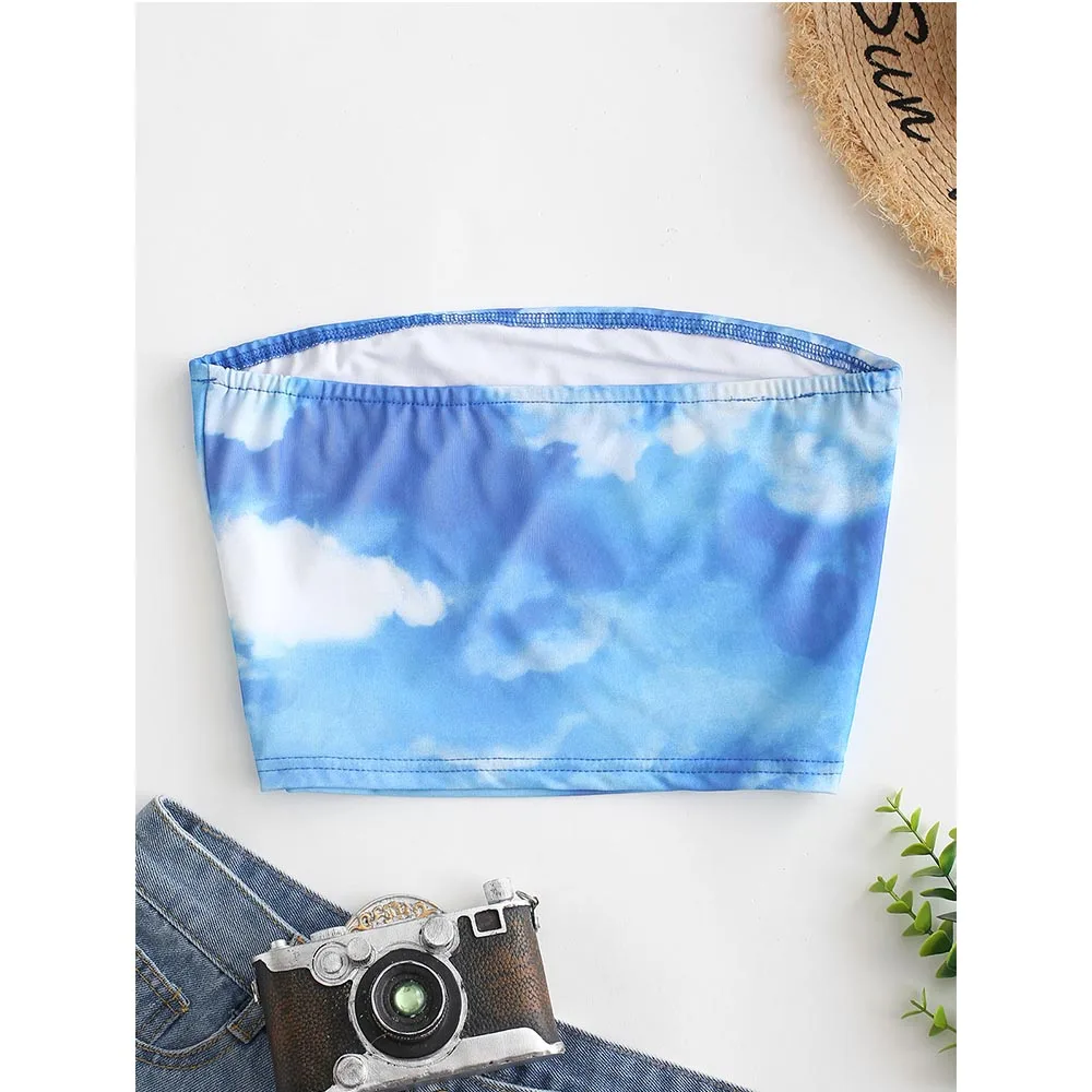 ZAFUL Tie Dye Cropped Bandeau Top Strapless Short Shirt Summer Camis Crop Tops Sky Print Streetwear Women Clothes 2019 | Женская одежда