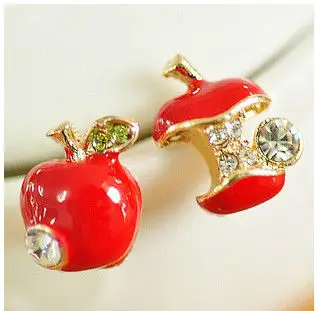 Min order $12 (mix order) Girls Fashion Enamel Red Bitten Apple Rhinestone Asymmetric Earrings Studs | Украшения и аксессуары