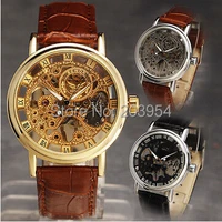 fashion steampunk wristwatch womens watches golden hand wind movement skeleton leather mens luxury mechanical 3 color